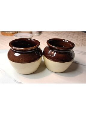 Vintage Set of 2 Burnham & Morrill Brown/Tan Glazed Pottery Bean Pots 3"